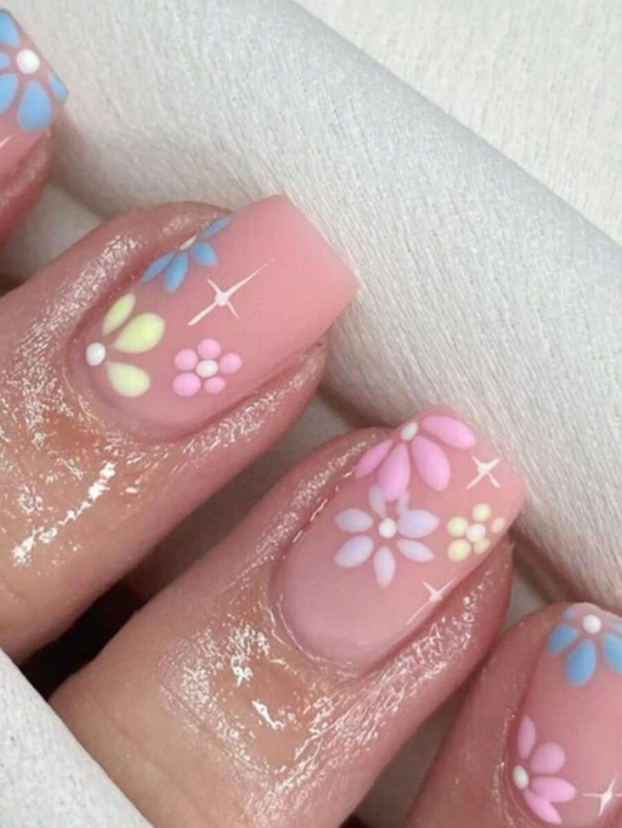 24 chiếc móng tay hình vuông dài họa tiết hoa giả & 1 băng dính & 1 dũa móng tay - Nhiều màu - Xem 1