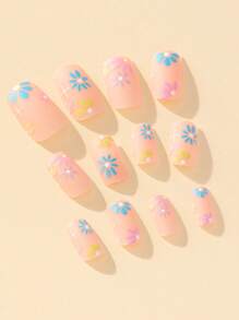 24 chiếc móng tay hình vuông dài họa tiết hoa giả & 1 băng dính & 1 dũa móng tay - Nhiều màu - Xem 3