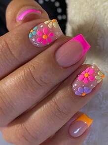 Instantly Upgrade Your Look With 24pcs Medium Long Square Baby Pink French Flowers Print Fake Nail &1sheet Tape &1pc Nail File - Multicolor - View 1