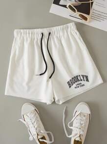 INAWLY Letter Graphic Drawstring Waist Shorts - White - View 1