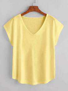 Chiquease Solid Batwing Sleeve V-neck Curved Hem Tee