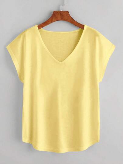 Chiquease Solid Batwing Sleeve V-neck Curved Hem Tee