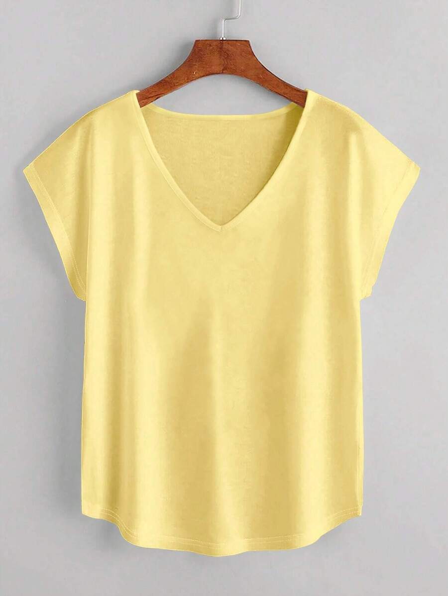 Chiquease Solid Batwing Sleeve V-neck Curved Hem Tee