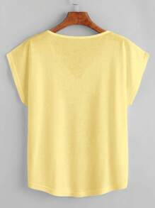 Chiquease Solid Batwing Sleeve V-neck Curved Hem Tee
