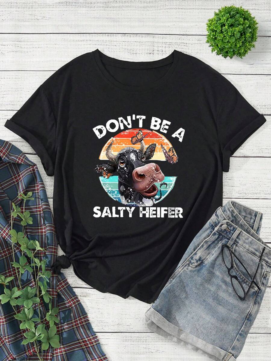 SHEIN EZwear Áo thun Plus size Hoạt hình Slogan Giải trí - màu đen - Xem 1