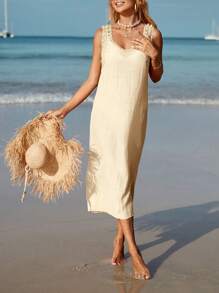 SHEIN Swim 素色高衩背心連衣裙 - 杏色 - 查看 1