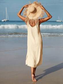 SHEIN Swim 素色高衩背心連衣裙 - 杏色 - 查看 2