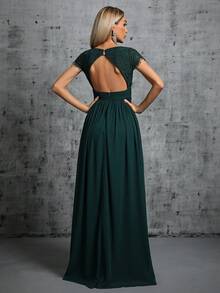Cross V-Neck Lace Rhinestone Ruched Chiffon Maxi Party Dress With High Slit - Dark Green - View 2