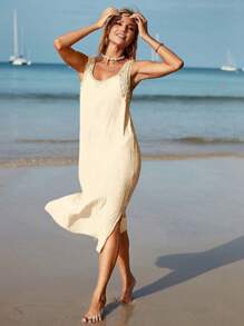 SHEIN Swim 素色高衩背心連衣裙 - 杏色 - 查看 3