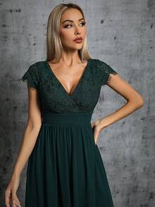 Cross V-Neck Lace Rhinestone Ruched Chiffon Maxi Party Dress With High Slit - Dark Green - View 4