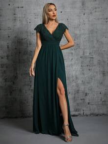 Cross V-Neck Lace Rhinestone Ruched Chiffon Maxi Party Dress With High Slit - Dark Green - View 5