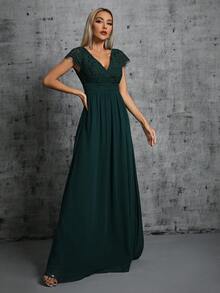 Cross V-Neck Lace Rhinestone Ruched Chiffon Maxi Party Dress With High Slit - Dark Green - View 6