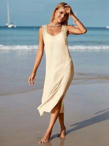 SHEIN Swim 素色高衩背心連衣裙 - 杏色 - 查看 4