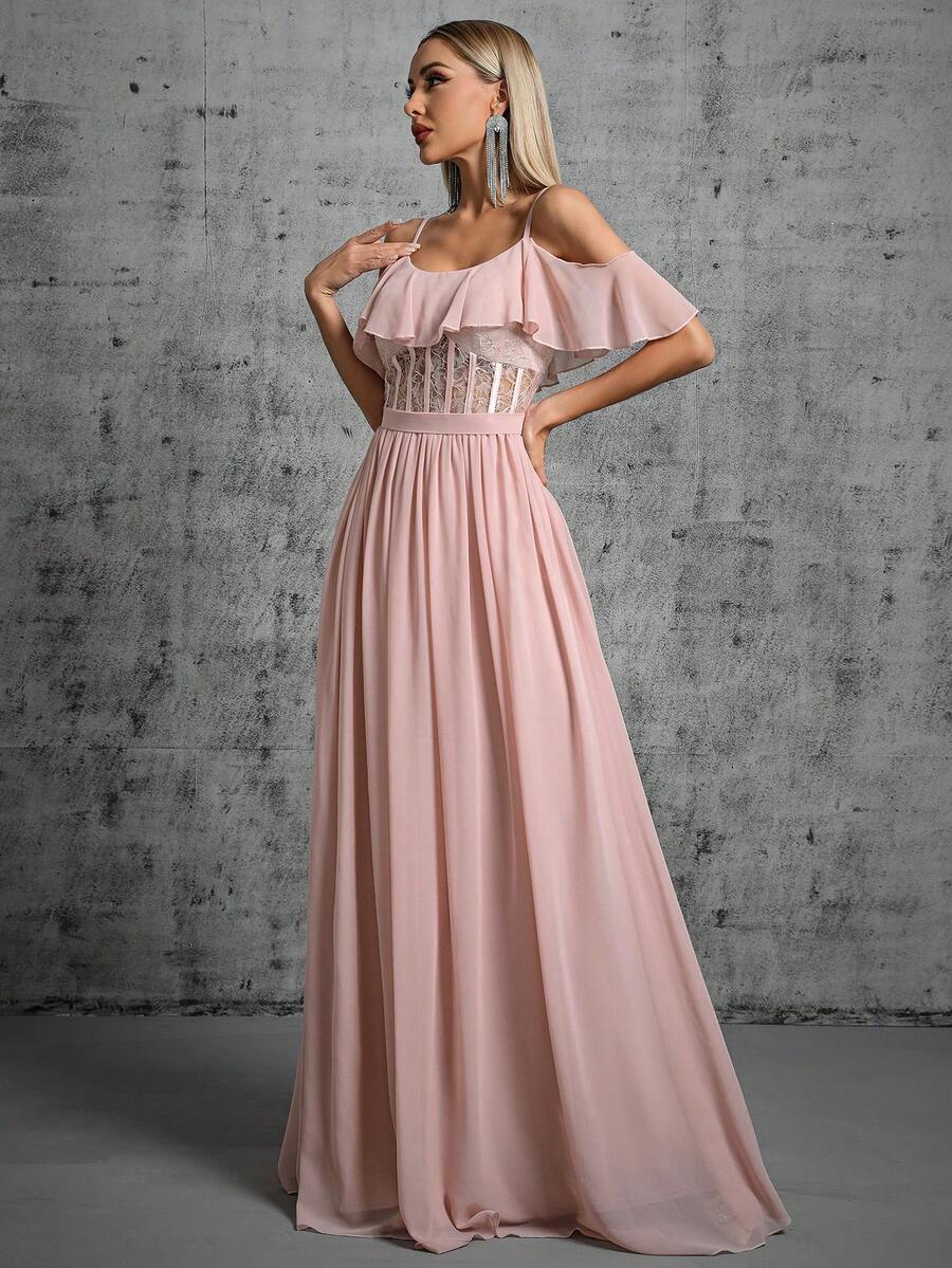 Cold Shoulder Lace Insert Ruffle Trim Chiffon Bridesmaid Dress - Baby Pink - View 1