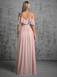 Cold Shoulder Lace Insert Ruffle Trim Chiffon Bridesmaid Dress - Baby Pink - View 2