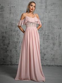 Cold Shoulder Lace Insert Ruffle Trim Chiffon Bridesmaid Dress - Baby Pink - View 4