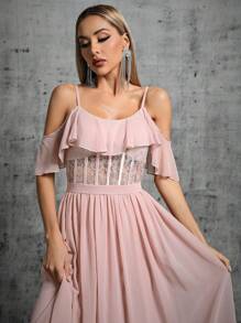 Cold Shoulder Lace Insert Ruffle Trim Chiffon Bridesmaid Dress - Baby Pink - View 6