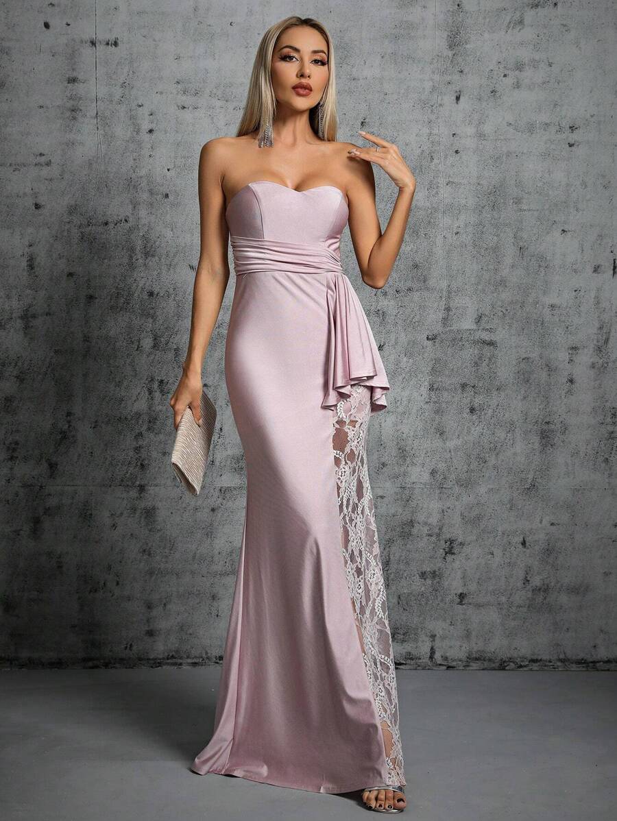Contrast Lace Ruffle Trim Tube Bridesmaid Dress Evening Dress - Dusty Pink - View 1