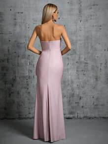 Contrast Lace Ruffle Trim Tube Bridesmaid Dress Evening Dress - Dusty Pink - View 2