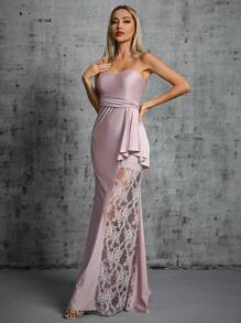 Contrast Lace Ruffle Trim Tube Bridesmaid Dress Evening Dress - Dusty Pink - View 3