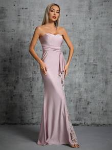 Contrast Lace Ruffle Trim Tube Bridesmaid Dress Evening Dress - Dusty Pink - View 4