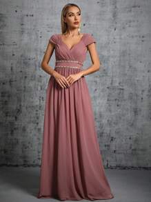 V-Neck Ruched Colorful Chain Chiffon Flared Maxi Bridesmaid Dress - Redwood - View 1