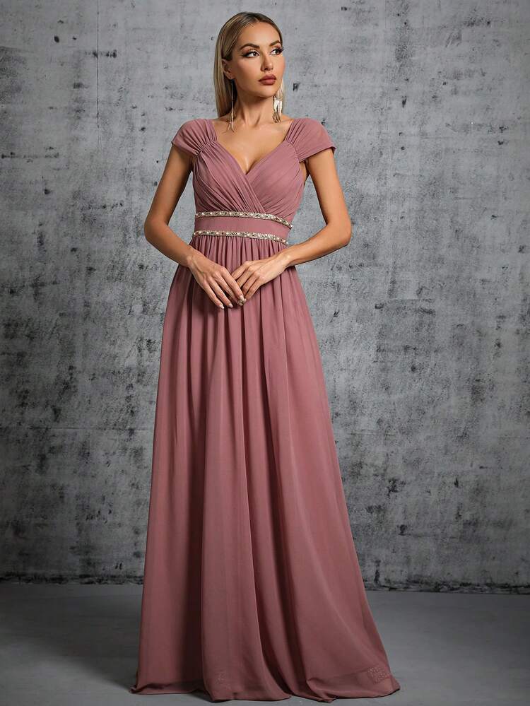 V-Neck Ruched Colorful Chain Chiffon Flared Maxi Bridesmaid Dress