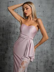 Contrast Lace Ruffle Trim Tube Bridesmaid Dress Evening Dress - Dusty Pink - View 5