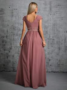 V-Neck Ruched Colorful Chain Chiffon Flared Maxi Bridesmaid Dress - Redwood - View 2