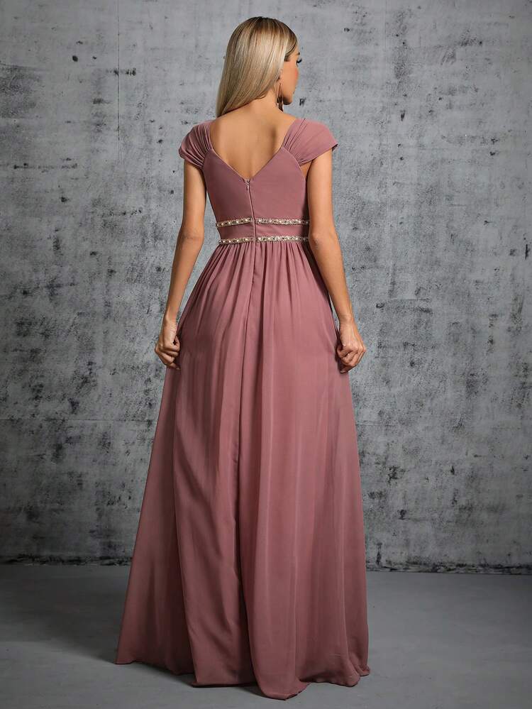 V-Neck Ruched Colorful Chain Chiffon Flared Maxi Bridesmaid Dress