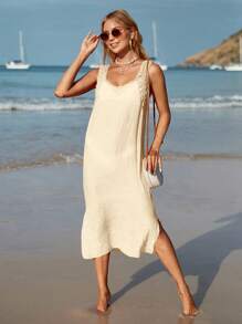 SHEIN Swim 素色高衩背心連衣裙 - 杏色 - 查看 6