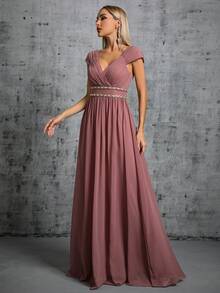 V-Neck Ruched Colorful Chain Chiffon Flared Maxi Bridesmaid Dress - Redwood - View 3