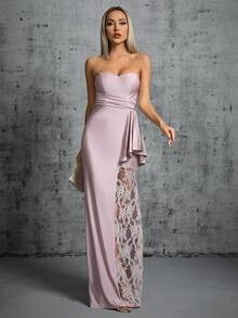 Contrast Lace Ruffle Trim Tube Bridesmaid Dress Evening Dress - Dusty Pink - View 6