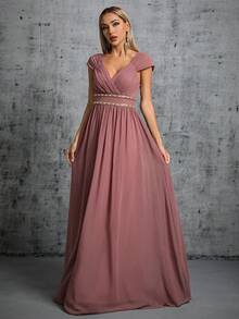 V-Neck Ruched Colorful Chain Chiffon Flared Maxi Bridesmaid Dress - Redwood - View 4