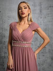 V-Neck Ruched Colorful Chain Chiffon Flared Maxi Bridesmaid Dress - Redwood - View 5