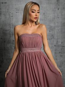 喇叭下摆蕾丝贴花水钻雪纺宴会连衣裙 - 紅木色 - 查看 6