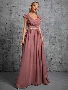 V-Neck Ruched Colorful Chain Chiffon Flared Maxi Bridesmaid Dress - Redwood - View 6