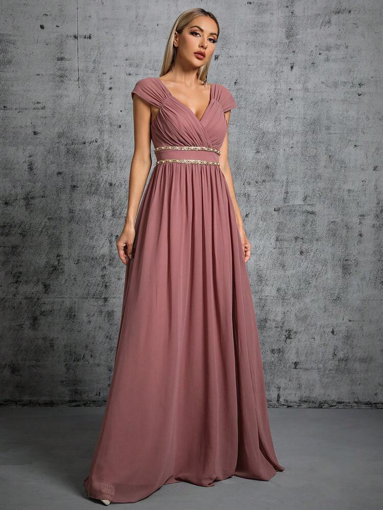 V-Neck Ruched Colorful Chain Chiffon Flared Maxi Bridesmaid Dress