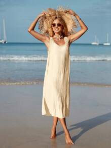 SHEIN Swim 素色高衩背心連衣裙 - 杏色 - 查看 7