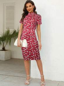 Floral Print Mock Neck Bodycon Dress - Red - View 1