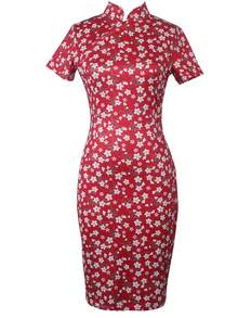Floral Print Mock Neck Bodycon Dress - Red - View 4