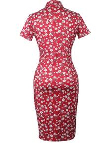 Floral Print Mock Neck Bodycon Dress - Red - View 5