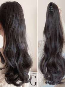 中等卷馬尾合成纖維接髮 - 黑色 - 查看 1