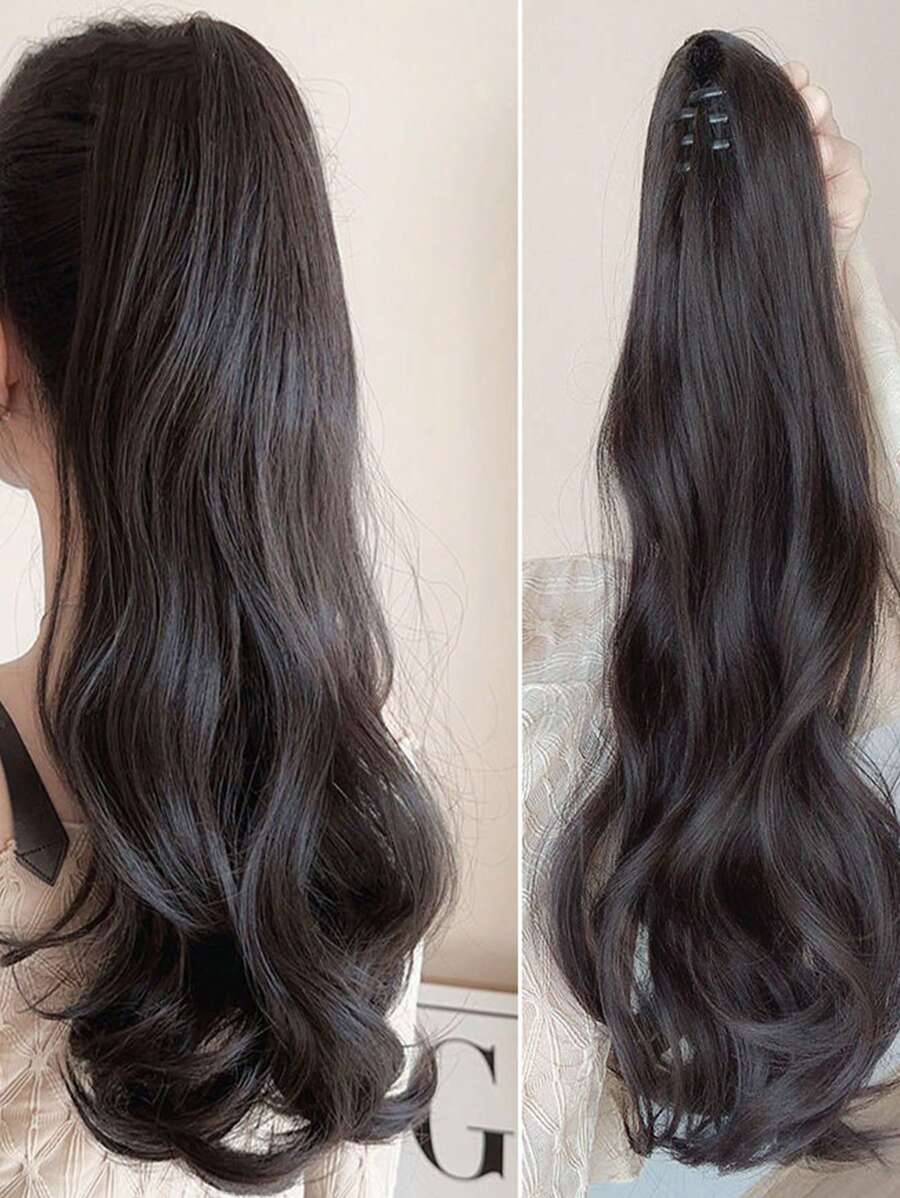 中等卷馬尾合成纖維接髮 - 黑色 - 查看 1