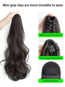 中等卷馬尾合成纖維接髮 - 黑色 - 查看 4