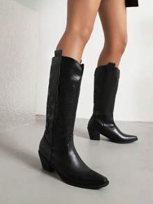 優雅黑色靴子適用於女士刺繡細節一腳蹬粗跟西部牛仔靴 - 黑色 - 查看 1