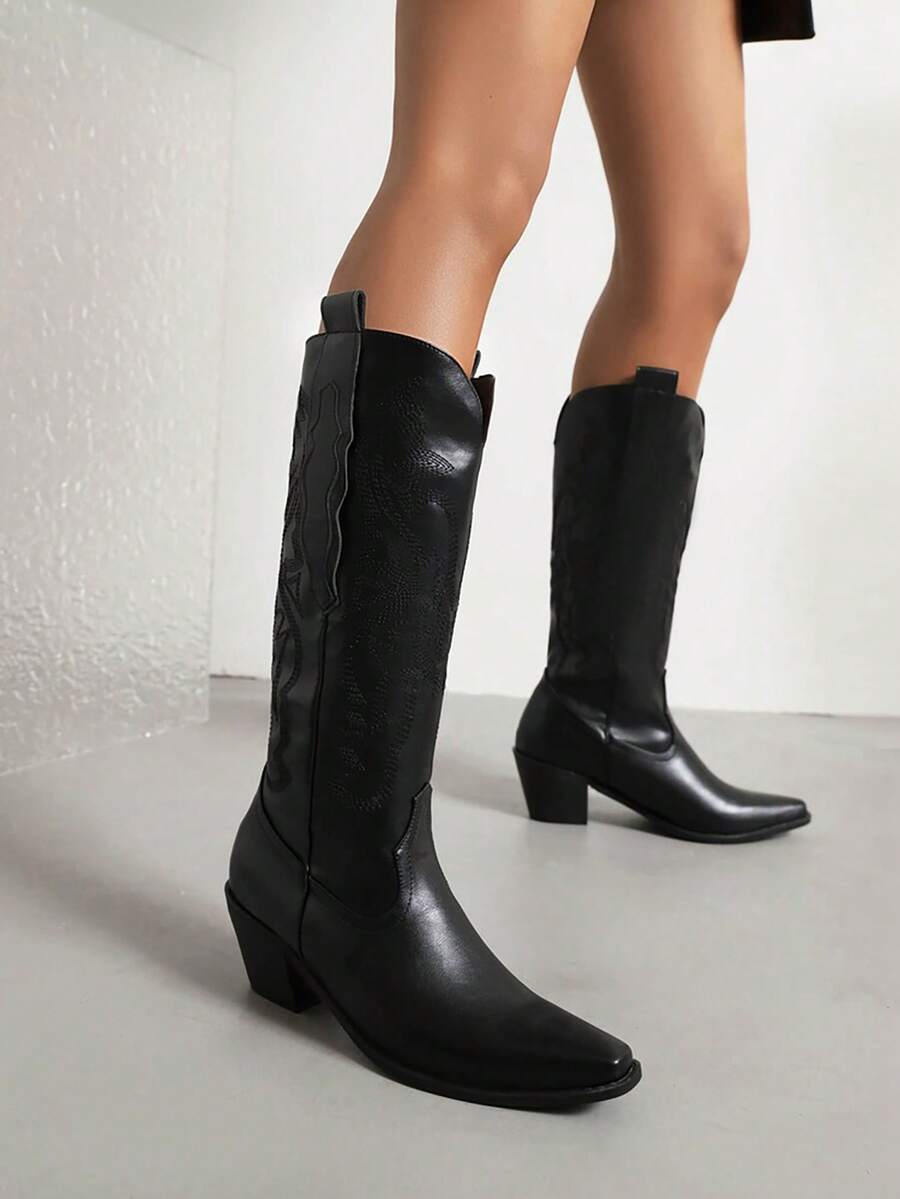 優雅黑色靴子適用於女士刺繡細節一腳蹬粗跟西部牛仔靴 - 黑色 - 查看 1