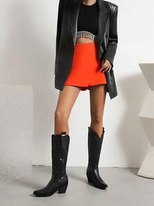 優雅黑色靴子適用於女士刺繡細節一腳蹬粗跟西部牛仔靴 - 黑色 - 查看 3