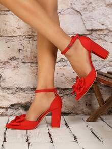 Fashionable New Women'S Hollow Out Shoes Chunky Heel Pointed Toe High Heels With Bow Decoration - Red - View 2