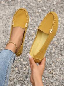 時尚平底鞋適用於女士金屬裝飾仿麂皮平底樂福鞋 - 橘色 - 查看 1